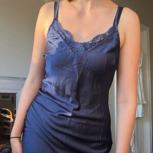 Navy Blue Satin Midi Slip Dress with Lace